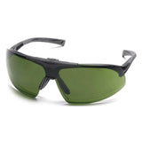 Introducing the Pyramex Safety Onix Plus Welding Safety Glasses SB49_0STP, offering a stylish design with ANSI Z87.1 certified dark green IR filter lenses and black plastic frames. These glasses feature wraparound lenses for complete eye protection. Available in boxes of 12.