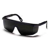 Introducing the Pyramex Integra Welding Shade Safety Glasses by Pyramex Safety, featuring sleek black wraparound design with futuristic welding shade lenses. These glasses have a thick, angular frame that provides a modern and stylish look while ensuring both safety and flair.