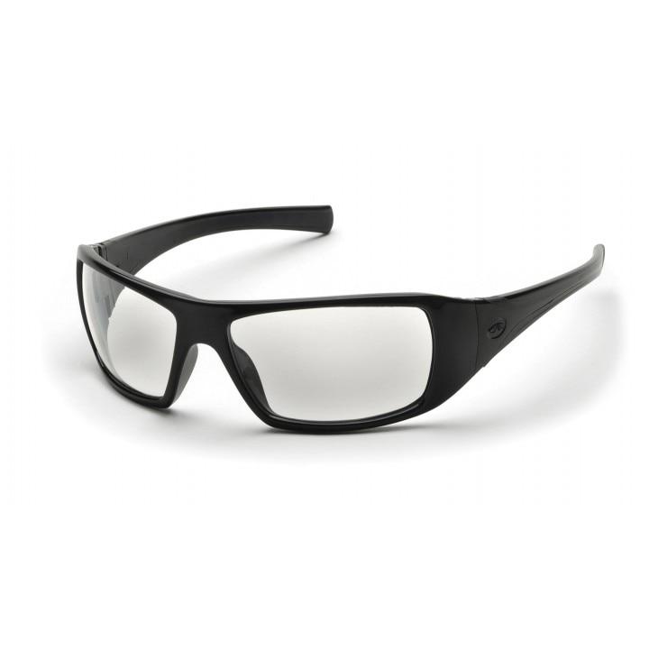 A pair of Pyramex Goliath Safety Glasses, featuring black rectangular frames with thick borders and lightly tinted lenses for stylish eye protection, displayed on a white background.