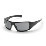 Pyramex Goliath Safety Glasses by Pyramex Safety, featuring black wraparound frames and dark lenses on a white background, perfect for workwear and eye protection.