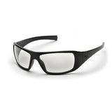 Introducing the Pyramex Goliath Safety Glasses by Pyramex Safety, featuring sleek black wraparound design with thick frames and slightly tinted lenses—ideal for offering stylish eye protection in both casual and workwear settings. Available in a box of 12.