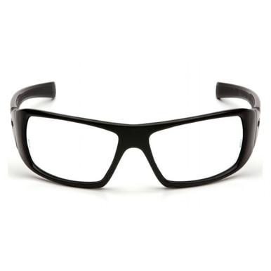 The Pyramex Goliath Safety Glasses by Pyramex Safety, featuring black rectangular frames and clear lenses, are displayed facing forward against a white background, combining style with essential eye protection.