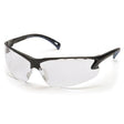 The Pyramex Venture 3 Safety Glasses SB57, available in a box of 12 from Pyramex Safety, offer sleek eye protection with clear lenses and black frames. They feature a lightweight, wrap-around design with adjustable temples for a secure fit and include anti-fogging technology and UV protection to enhance safety.