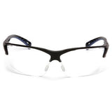 The Pyramex Venture 3 Safety Glasses SB57, featuring clear lenses, black frames, and blue accents on the temples, are designed for protective eyewear with UV protection.