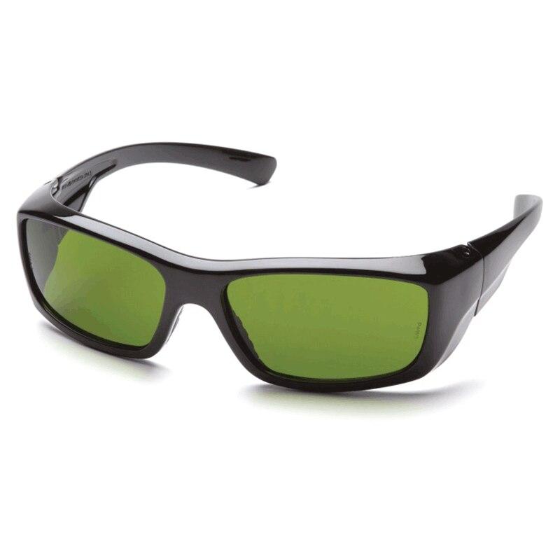 The Pyramex Emerge Welding Safety Glasses SB79_0SF from Pyramex Safety feature a sleek, black rectangular design with green IR lenses and a thick frame, providing stylish UV protection displayed against a white background.