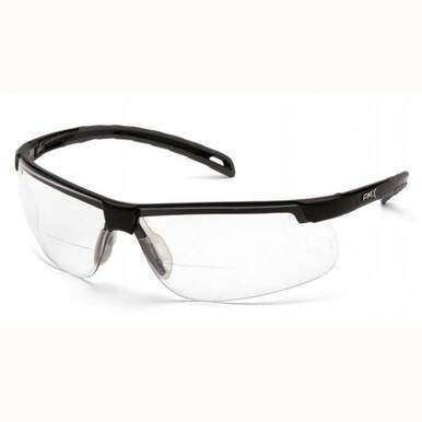 The Pyramex Safety Ever-Lite Clear H2MAX Anti-Fog Readers SB8610R glasses feature black frames and adjustable nose pads, offering impact protection.