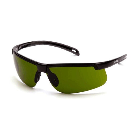 The Pyramex Ever-Lite Welding Safety Glasses SB86_0SF from Pyramex Safety feature a sleek, black design with green tinted lenses and adjustable nose pads. The frame is curved to fit snugly around the face, offering UV protection, making them ideal for outdoor activities.