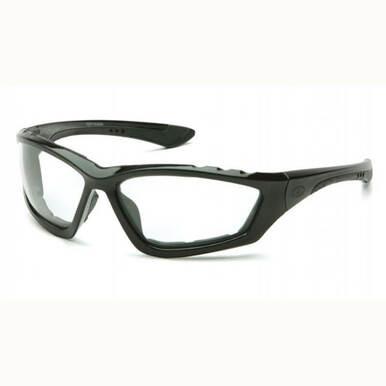 A pair of Pyramex Accurist Anti-Fog Black Safety Glasses, featuring wraparound frames and clear lenses on a white background, offering comprehensive UVA/B/C protection.