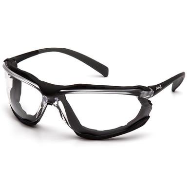 The Pyramex Safety Proximity Glasses H2X Anti-Fog Lens SB93 feature a stylish black frame and clear lenses that deliver wraparound coverage for excellent eye protection. Equipped with flame-resistant foam padding, these safety glasses comply with ANSI Z87+ standards.