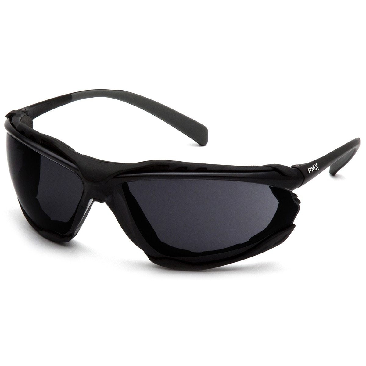 These Pyramex Safety Proximity Glasses H2X Anti-Fog Lens SB93 are stylish wraparound sunglasses in a sleek black design, complete with dark lenses and a glossy finish. They boast curved temples and a durable frame, as well as flame-resistant foam padding. Plus, they're ANSI Z87+ compliant, making them ideal for sports or outdoor activities.