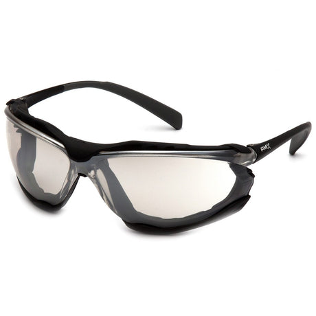 Introducing the Pyramex Proximity Glasses H2X Anti-Fog Lens SB93, brought to you by Pyramex Safety. These glasses feature a sleek design with black frames and clear lenses, and include flame-resistant foam padding for enhanced comfort and compliance with ANSI Z87+ safety standards.