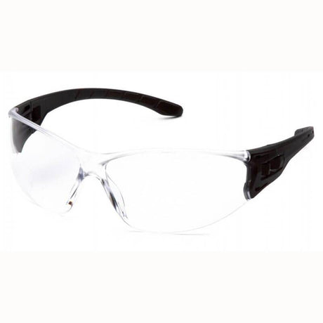 The Pyramex TruLock H2X Anti-Fog Safety Glasses SB95_0ST by Pyramex Safety offer a sleek, curved design with black arms and feature anti-fog lenses for optimal clarity. These glasses provide complete UVA/B/C protection while maintaining style and comfort.