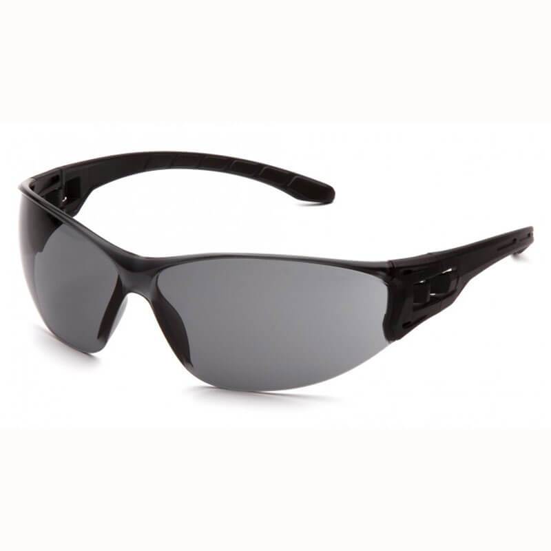 Pyramex TruLock H2X Anti-Fog Safety Glasses SB95_0ST feature black wrap-around frames with sleek, modern styling and dark lenses that resist fogging. The arms include cut-out details, enhancing their sporty look while providing superior UVA/B/C protection. These glasses come in a box of twelve and are crafted by Pyramex Safety.