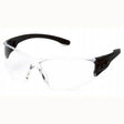 The Pyramex TruLock H2X Anti-Fog Safety Glasses, featuring black plastic frames and lenses that provide complete UVA/B/C protection, are displayed against a plain white background.