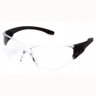 The Pyramex TruLock H2X Anti-Fog Safety Glasses, featuring black plastic frames and lenses that provide complete UVA/B/C protection, are displayed against a plain white background.