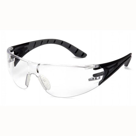 Pyramex Endeavor Plus H2X Anti-Fog Safety Glasses, from Pyramex Safety, feature clear wraparound lenses with black vented side arms and adjustable nose pads, providing full UVA/B/C protection to keep your eyes safe and clear in any environment.