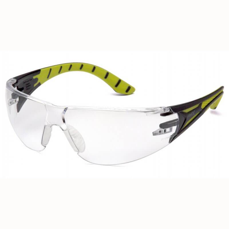 Pyramex Safety's Pyramex Endeavor Plus H2X Anti-Fog Safety Glasses come with green and black accents. The transparent lenses provide UVA/B/C protection, and the sleek, modern frame is enhanced with stylish detailing on the arms.