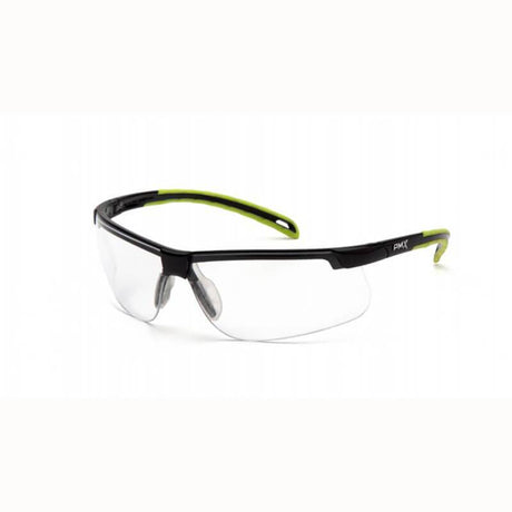 Pyramex Safety's Ever-Lite H2MAX Anti-Fog Lens Safety Glasses, featuring a black and green frame with clear lenses, offer UV protection to ensure optimal safety. Available in a box of 12.