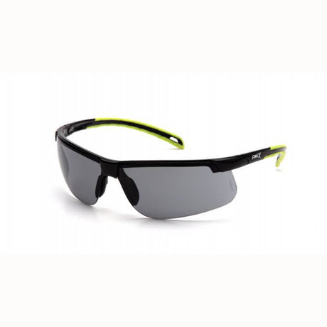 Introducing the Pyramex Ever-Lite H2MAX Anti-Fog Lens Safety Glasses from Pyramex Safety, featuring a sporty design with black frames and dark UV-protective lenses. The black temples accented with a bright green highlight provide a sleek, modern look suitable for outdoor activities.