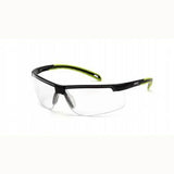 Check out the Pyramex Ever-Lite H2MAX Anti-Fog Lens Safety Glasses by Pyramex Safety. These transparent glasses feature black frames, yellow ear tips, and lenses treated with an anti-fog coating. They are showcased at a slight angle to highlight their design and UV protection capabilities.