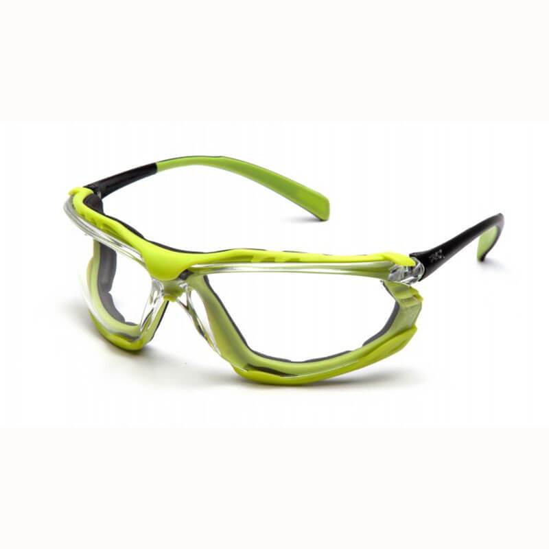 Pyramex Proximity H2MAX Anti-Fog Lens Safety Glasses featuring a green and black wraparound design with clear nose pads, presented on a light background.