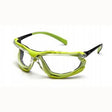 These Pyramex Safety Proximity H2MAX Anti-Fog Lens Safety Glasses, featuring a striking green and black dynamic angular design with a sturdy frame, ensure clear vision at all times.