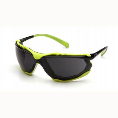 Introducing the Pyramex Proximity H2MAX Anti-Fog Lens Safety Glasses by Pyramex Safety, featuring a lime green and black frame. These glasses offer a sleek, modern design that is both stylish and ideal for outdoor activities, ensuring clear vision in various conditions.