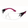 The Pyramex Endeavor Plus H2X Anti-Fog Safety Glasses, from the Pyramex Safety brand, feature clear lenses and pink-and-black arms. They are designed as protective eyewear and offer UVA/B/C protection.