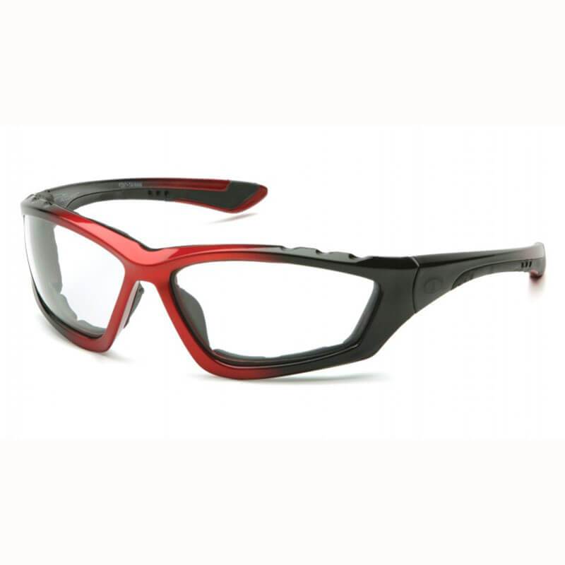 Introducing the Pyramex Accurist Anti-Fog Black/Red Safety Glasses by Pyramex Safety, featuring a wraparound design. These sleek glasses come with a sturdy frame that ensures full coverage and protection against UVA/B/C rays. The clear lenses are slightly curved to comfortably fit the face and include an anti-fog coating for optimal visual clarity. Available in boxes of 12.