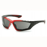 Introducing the Pyramex Accurist Anti-Fog Black/Red Safety Glasses from Pyramex Safety. These sporty sunglasses feature red and black frames, dark anti-fog lenses, and provide comprehensive UVA/B/C protection. They boast a sleek, aerodynamic design ideal for outdoor activities.