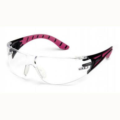 Pyramex Endeavor Plus H2X Anti-Fog Safety Glasses, designed by Pyramex Safety, feature a sleek design with pink and black earpieces and adjustable nose pads, providing reliable protective eyewear with enhanced anti-fog properties for optimal visibility.