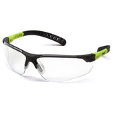 Presenting the Pyramex Sitecore Safety Glasses SGL101_0DTM, brought to you by Pyramex Safety. These glasses are equipped with UV-resistant clear lenses and feature a sleek design with black frames highlighted by green accents on the arms and nose bridge. For added comfort, the arms are designed with textured grips, while the anti-fog coating ensures clear vision in any environment. Available 12 per box.