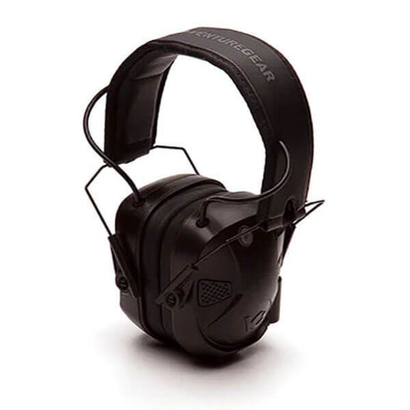 The Pyramex Safety VentureGear AmpBT Earmuff with Bluetooth offers noise-cancelling earmuffs in black, complete with a padded headband and adjustable ear cups. These electronic hearing protectors are designed to deliver optimal noise suppression in loud environments.