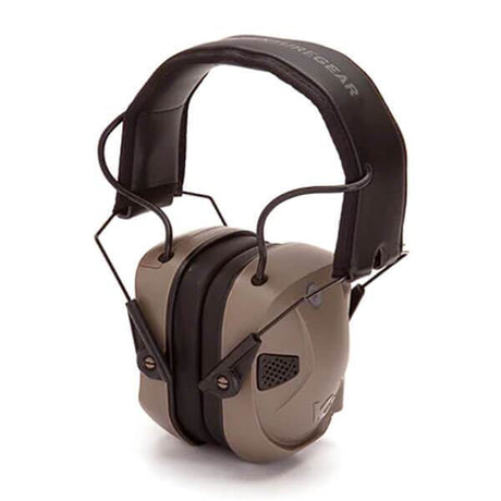 The Pyramex VentureGear AmpBT Earmuff by Pyramex Safety comes in beige and black, featuring noise-canceling capabilities, a padded headband, and an adjustable metal frame. These electronic hearing protectors are ideal for high-noise environments, offering dependable noise suppression.