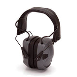 The Pyramex VentureGear AmpBT Earmuff with Bluetooth from Pyramex Safety boasts gray over-ear design, featuring a padded black headband and adjustable ear cups. With a compact, foldable build for noise suppression, these are ideal for both audio production and electronic hearing protection.