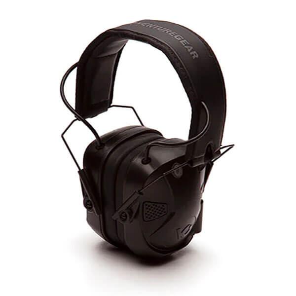 A pair of black Pyramex VentureGear AmpBT earmuffs with Bluetooth, featuring a padded headband and adjustable ear cups. The headband proudly displays the brand name "Pyramex Safety." These earmuffs are expertly designed for noise suppression and protection.