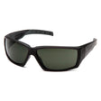 The Pyramex Venture Gear Overwatch Tactical Glasses in black, available in a pack of six from Pyramex Safety, boast a modern design with dark-tinted rectangular lenses and curved arms. They provide complete UVA, UVB, and UVC protection and feature a textured grip on the inside for enhanced comfort.