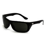 A pair of Pyramex Venture Gear Vallejo Sun Glasses VGSB9, in black with dark lenses, featuring anti-fog and scratch-resistant lenses along with a small logo on one arm, set against a white background.