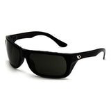 A pair of Pyramex Venture Gear Vallejo Sun Glasses VGSB9, featuring black frames with anti-fog scratch-resistant lenses and a small logo on the left arm, offering 99% UVA/B/C protection, rests on a white surface.