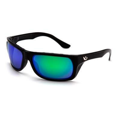 The Pyramex Venture Gear Vallejo Sun Glass VGSB9, part of the Pyramex Safety line, showcases sleek black frames with reflective blue and green lenses that offer 99% UVA/B/C protection. Featuring a discreet logo on the temple, they are ideal for high-performance outdoor use.