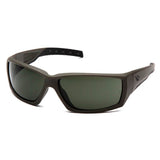 The Pyramex Venture Gear Overwatch Tactical Glasses from Pyramex Safety boasts a stylish design with UV protection, featuring dark green lenses and a sleek matte black frame. The temples include a subtle design accent near the hinge.