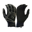 The Pyramex Compression Fit Training Gloves VGTG10B from Pyramex Safety come in a black and gray design, featuring black palms and adjustable wrist straps. The back of the left glove is adorned with the logo and the words "Venture Gear Tactical" along with "Compression Fit." These robust gloves are designed to be touchscreen compatible, ensuring durability for any task.