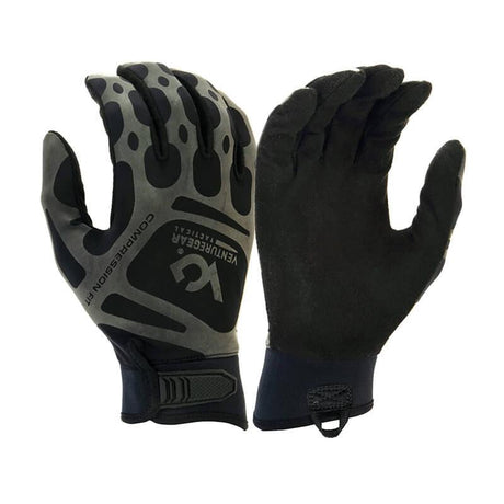 The Pyramex Compression Fit Training Gloves VGTG10B from Pyramex Safety come in a black and gray design, featuring black palms and adjustable wrist straps. The back of the left glove is adorned with the logo and the words "Venture Gear Tactical" along with "Compression Fit." These robust gloves are designed to be touchscreen compatible, ensuring durability for any task.