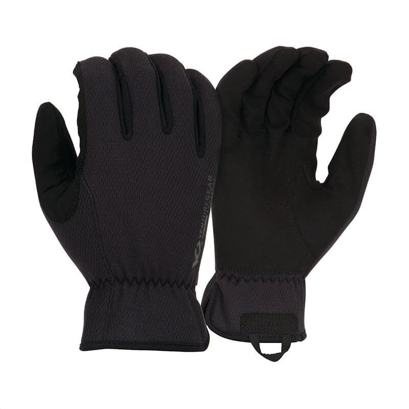 A pair of Pyramex Medium Duty Operator Gloves VGTG20, featuring black tactical styling with elastic cuffs and textured surfaces. One glove showcases the synthetic leather palm, while the other highlights the back design, illustrating their touchscreen compatibility.