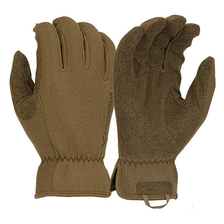 A pair of brown Pyramex Medium Duty Operator Gloves VGTG20 by Pyramex Safety, featuring synthetic leather palms and adjustable wrist straps. These gloves, compatible with touchscreens, are shown side by side to display both palm and back views. They have a rugged, durable design ideal for outdoor or tactical activities.