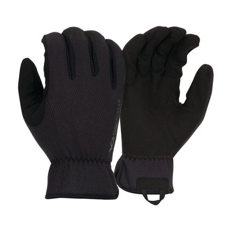 The Pyramex Safety Medium Duty Operator Glove VGTG20 is a pair of black winter gloves featuring elastic cuffs and synthetic leather palm grips. Specifically designed for outdoor use, they come with a textured surface to enhance grip, touchscreen compatibility for added convenience, and insulation to ensure warmth. These lightweight and versatile gloves are an ideal choice for any tactical operator.