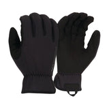 Introducing the Pyramex Medium Duty Operator Glove VGTG20 from Pyramex Safety. These gloves come in black and feature a synthetic leather palm, textured fabric, elastic wrists, and reinforced fingertips. One glove is displayed palm up to demonstrate its touchscreen compatibility, while the other is shown palm down to emphasize its design and materials.