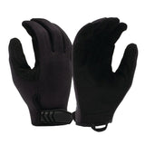 The Pyramex Safety Medium Duty Adjustable Operator Gloves VGTG30 (6 pairs) in black are showcased against a white backdrop. Made from long-lasting synthetic leather, these gloves include a clip on one wrist to keep them together. Both are presented upright with palms slightly turned inward, making them ideal for touchscreen use.