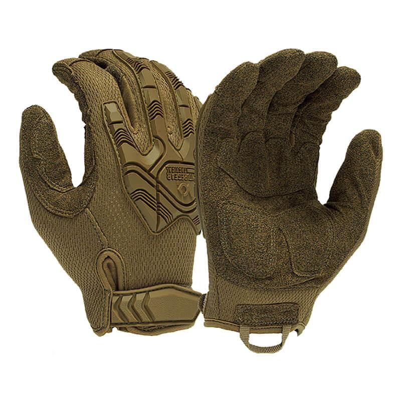 The Pyramex Heavy Duty Impact Operator Glove VGTG40 from Pyramex Safety is depicted in brown, featuring textured padding on the palms and knuckles to provide impact protection. Designed for durability and grip, these gloves come with adjustable wrist straps that ensure a secure fit. Additionally, they are touchscreen compatible, combining functionality with convenience.