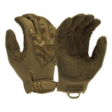 The Pyramex Heavy Duty Impact Operator Glove VGTG40 from Pyramex Safety is depicted in brown, featuring textured padding on the palms and knuckles to provide impact protection. Designed for durability and grip, these gloves come with adjustable wrist straps that ensure a secure fit. Additionally, they are touchscreen compatible, combining functionality with convenience.